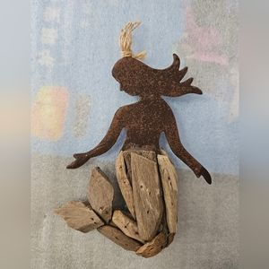 Christmas Driftwood Mermaid  Wood and Metal Ornament.